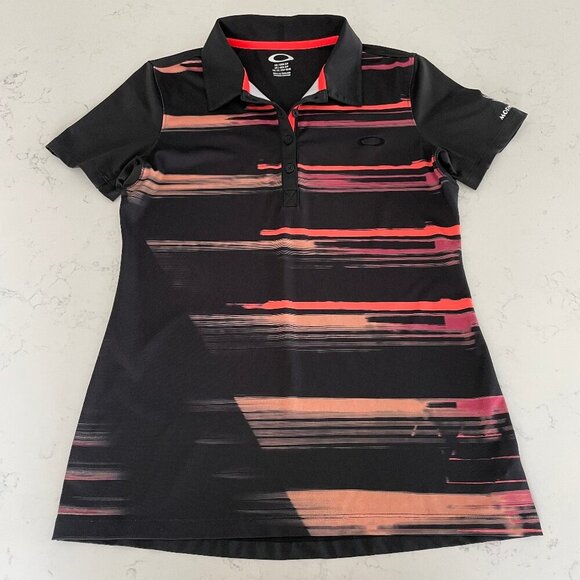 Oakley SS Abstract Print Poly Blend 4 Button Polo Shirt Blk Orange Pink Sz S - Picture 1 of 11
